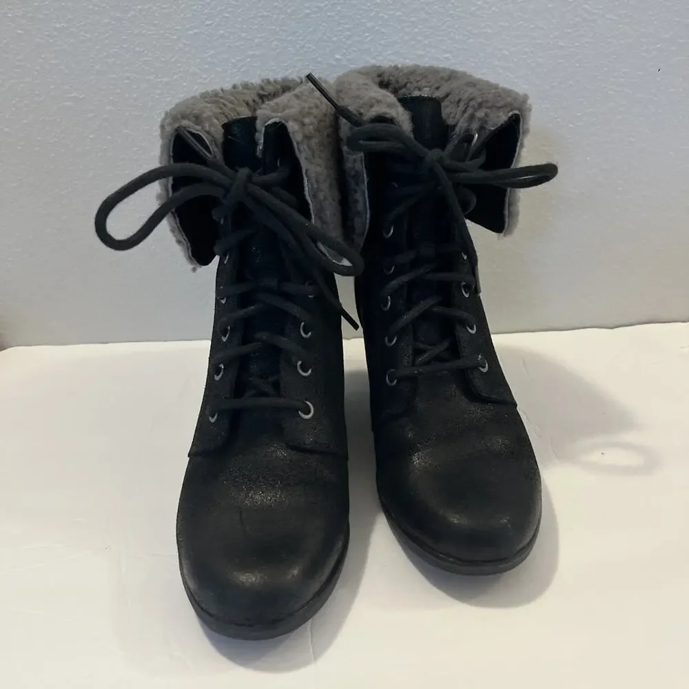UGG Australia Winter Boots Women's Size 7 Zea Wedge Black Leather Sheepskin Cuff